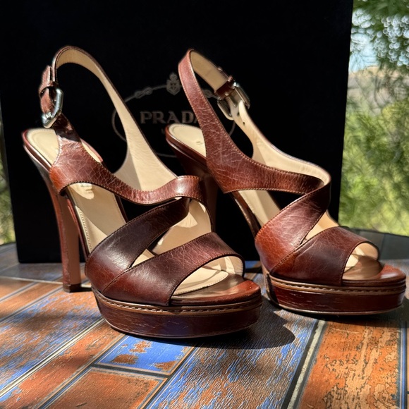 Prada Women's Tan Leather Strappy Heels - Picture 1 of 10